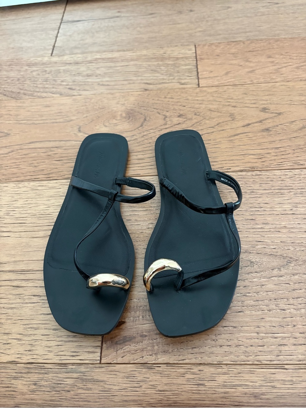 Madewell Black Sandals with Gold Crescent Toe Accent